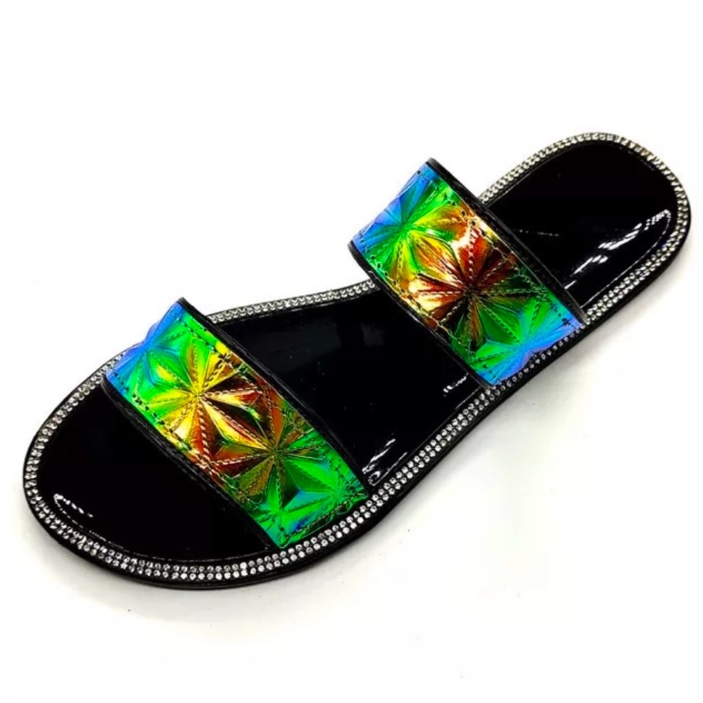 Holographic Flower Sandals with Rhinestones Trim